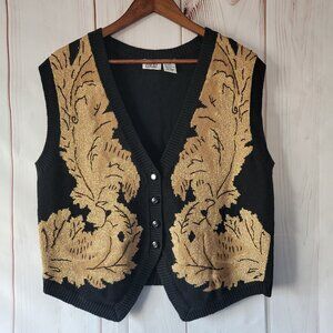 Vintage Lucia Button Up Sweater Vest Black/Gold Women’s M Granny Knit Vest